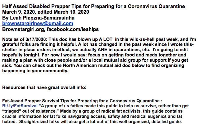 Vorschau eines Google-Dokuments mit dem Titel 'Half Assed Disabled Prepper Survival Tips for Preparing for a Coronavirus Quarrantine'. Klicken Sie auf 'Webseite öffnen', um das Google-Dokument in voller Bildschirmgröße zu sehen.