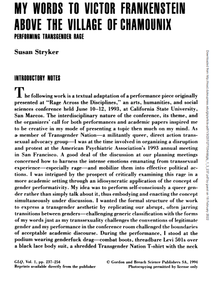 die erste Seite des Textes aus einem Essay mit dem Titel MEINE WORTE AN VICTOR FRANKENSTEIN ÜBER DEM DORF CHAMOUNIX PERFORMING TRANSGENDER RAGE von Susan Stryker.  Klicken Sie auf 'pdf in einem neuen Tab öffnen', um die PDF-Datei in voller Bildschirmgröße zu sehen.