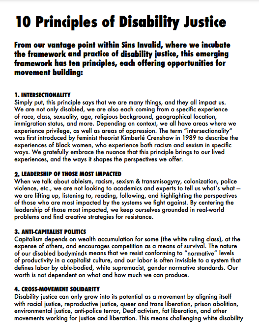 The front page from a document called '10 Principles of Disability Justice' from the group Sins Invalid.  Click 'open pdf in a new tab' to see full screen-reader friendly PDF.