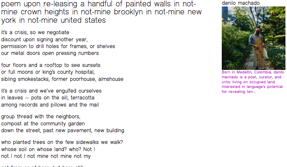 screenshot of a poem called 'poem upon re-leasing a handful of painted walls in not-mine crown heights in not-mine brooklyn in not-mine new york in not-mine united states' by Danilo machado. click 'visit site' above for screen-reader friendly version.