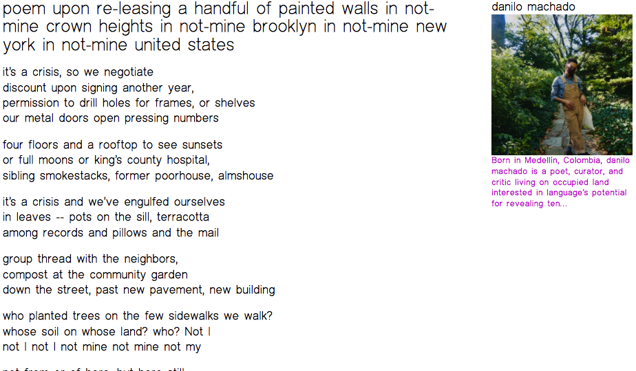 screenshot eines gedichts mit dem titel 'poem upon re-leasing a handful of painted walls in not-mine crown heights in not-mine brooklyn in not-mine new york in not-mine united states' von Danilo machado. für eine bildschirmfreundliche version oben auf 'Webseite öffnen' klicken.