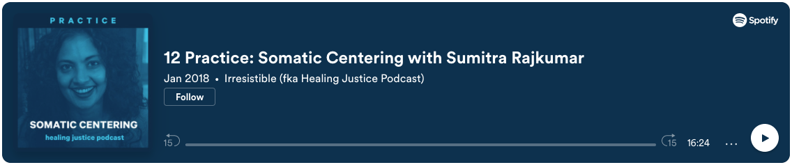 screenshot taken from the irresistible podcast page linked to above: an episode with Sumitra Rajkumar. The screenshot is of a blue spotify podcast player embedded on the webpage. Please click on the link above to visit the site.