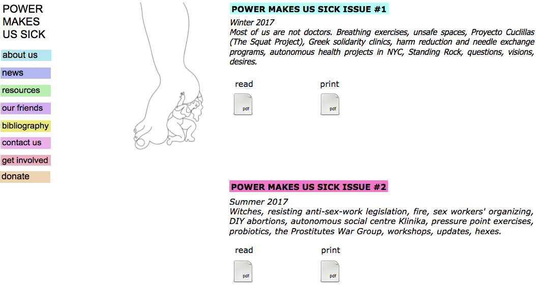 Ein Bildschirmfoto von der Website Power Makes us sick. Dies ist die Seite mit den Ressourcen. Auf der linken Seite befinden sich pastellfarbene Links, eine Strichzeichnung einer langhaarigen Person, die einen großen Fuß hochhält, und verschiedene Ausgaben von 'Power Makes us sick' zum Herunterladen. Bitte klicken Sie auf den obigen Link, um die Website zu besuchen.