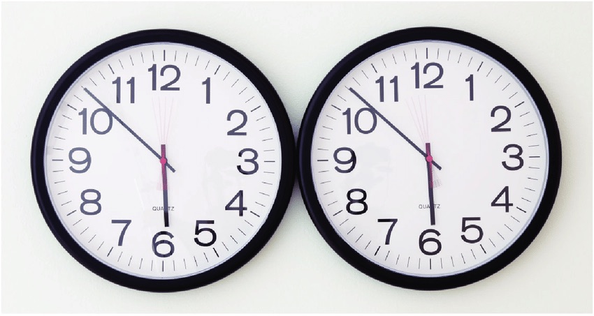 Image of the artwork ‘perfect lovers’ by Félix González-Torres. Two analogue wall clocks are placed side by side on a white wall so they are pressed against eachother. Both the clocks are set to the time 5:52. As the artwork progresses, durationally, the clocks will eventually fall out of synch with each other.