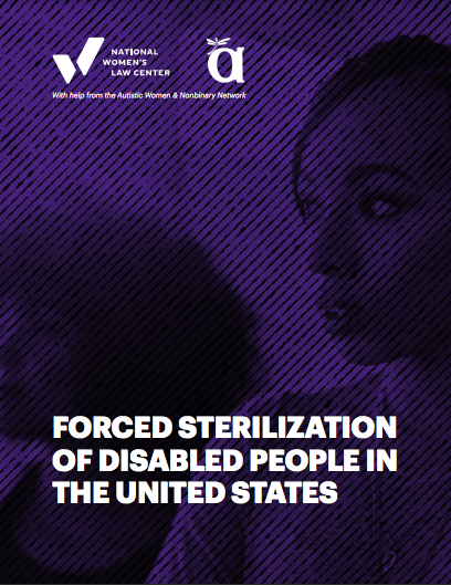 Deckblatt der FORCED STERILIZATION OF DISABLED PEOPLE IN THE UNITED STATES: 2021 report from the National Woman's Law Center. Die Titelseite zeigt ein lila gefärbtes Foto mit schwarzen diagonalen Streifen.   Klicken Sie auf 'Webseite öffnen', um die PDF-Datei in voller Bildschirmgröße zu sehen.