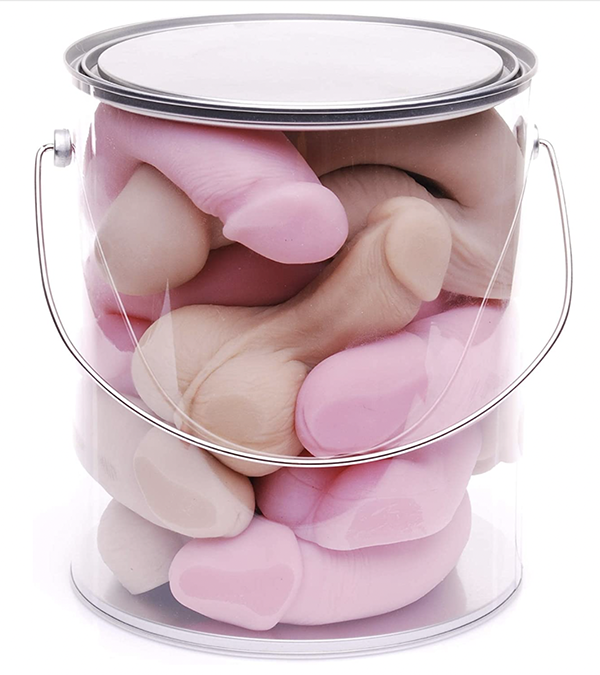 Photo of a transparent plastic bucket with a metal lid and metal handle. Inside the bucket, various bright pink and brown plastic penises and pressed together. Image care of Alx Velozo.