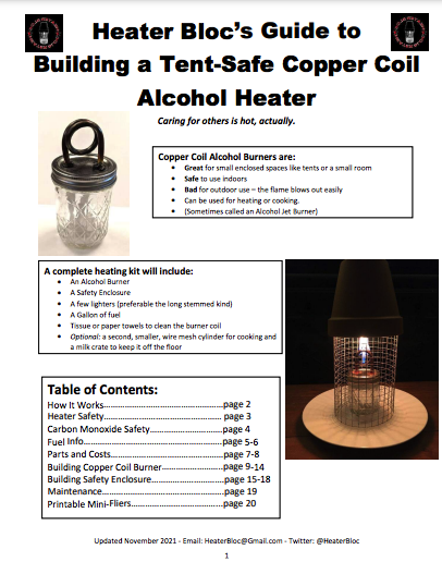 pdf titled 'Heater Bloc’s Guide to Building a Tent-Safe Copper Coil Alcohol Heater' that features a DIY heater made out of a glass jar. Click 'open pdf in a new tab' to see full screen-reader friendly PDF